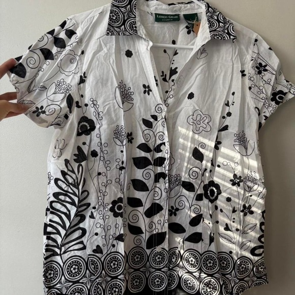 Vintage Cotton Retro Floral Sheer White and Black Button Down Top - Size Large - Picture 2 of 8